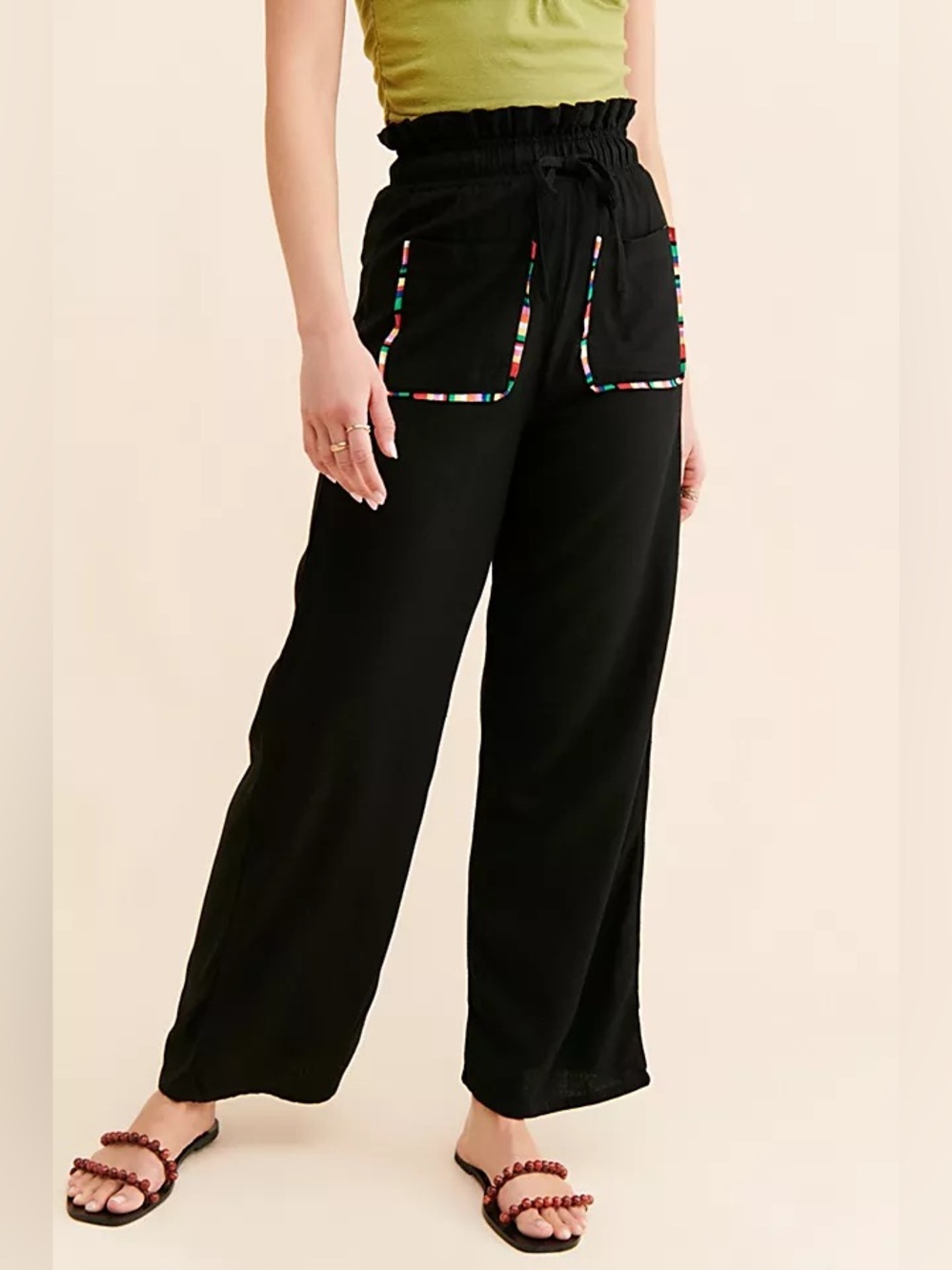 NWT new small free people pastiche Tina linen pants Black multicolor trim